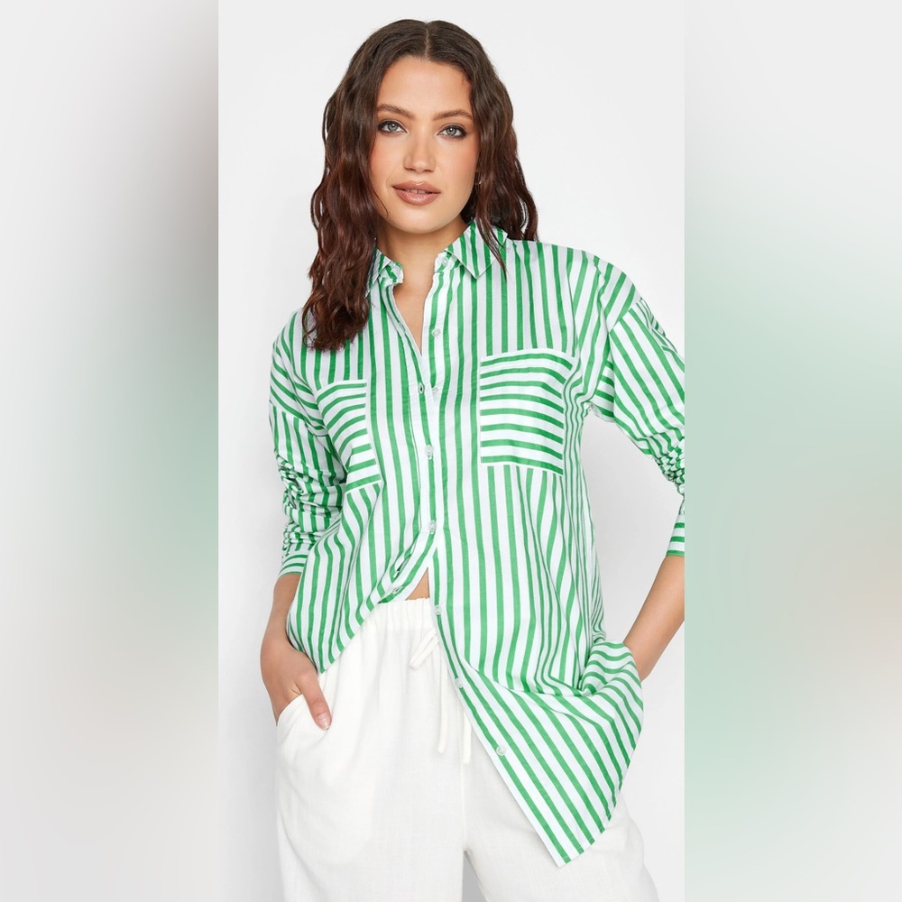 LTS | Size 6 Apple Green Stripe Oversized Cotton Long Sleeve‎ Shirt